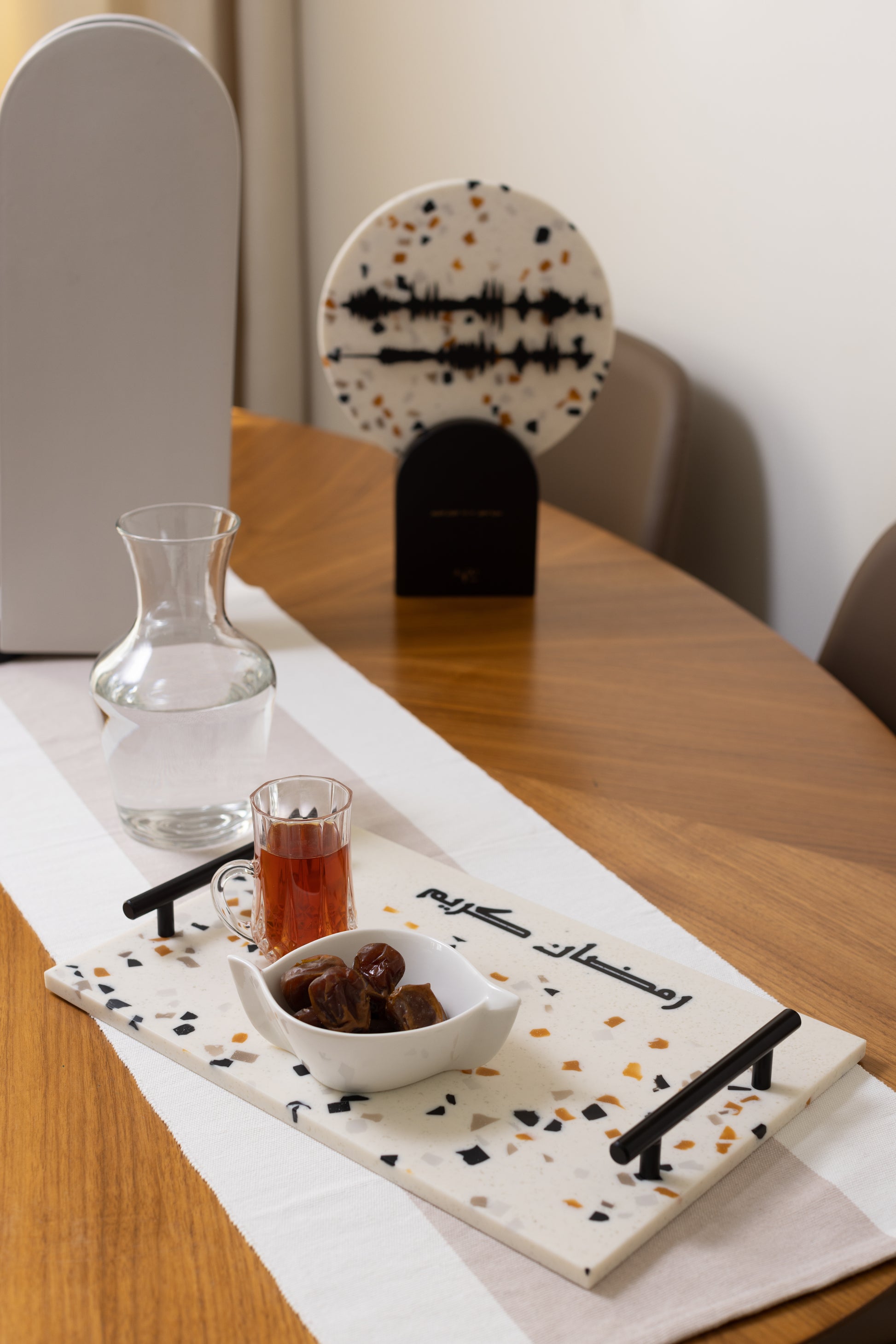 Small coffee and tea tray from terrazzo and black handles